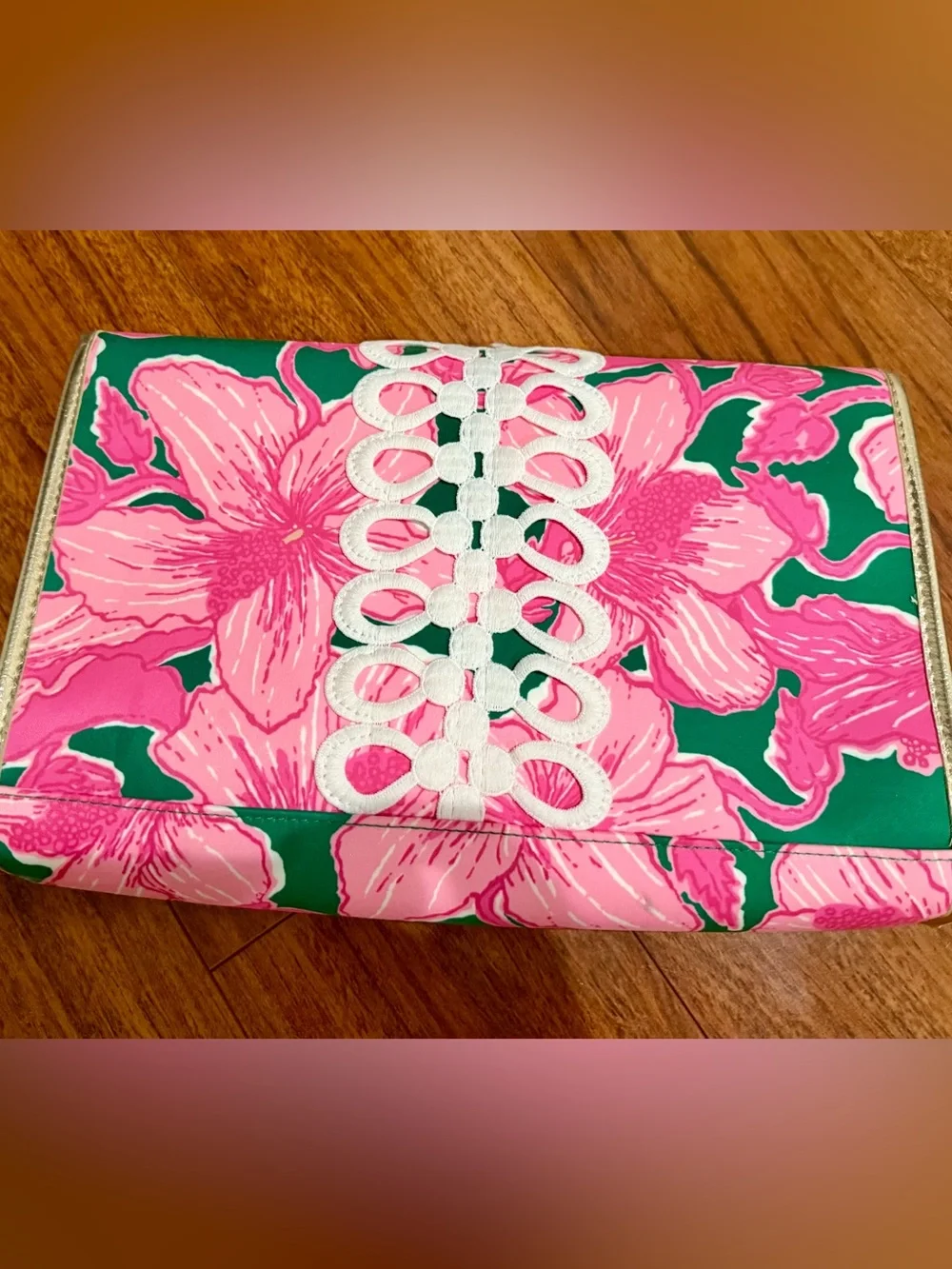 Lilly Pulitzer Pink & Green Floral Phone Case Wallet with Gold Trim
